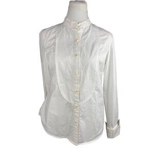 Tommy Hilfiger Women Blouse Medium Ivory Cotton Fitted Button-Up Long Sleeve